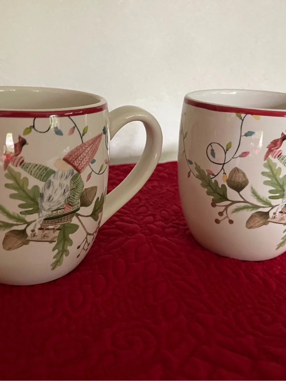 Pottery Barn White Holiday Gnome Mugs with Red Trim (Set of 2)